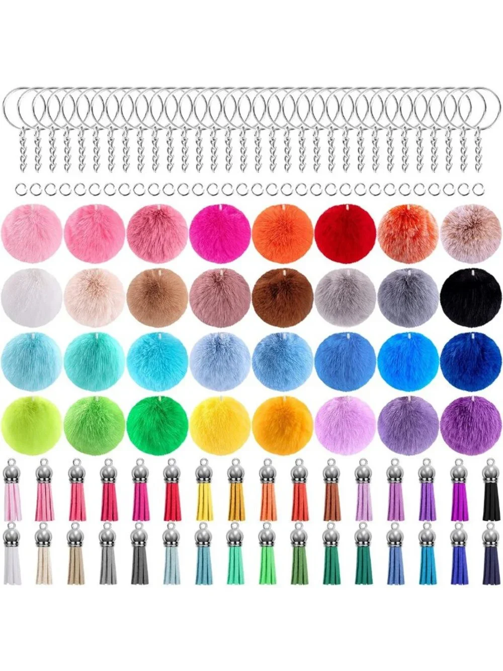 Fluffy Pom Pom Keychain Set - 160 Colorful Faux Fur Balls with Tassels